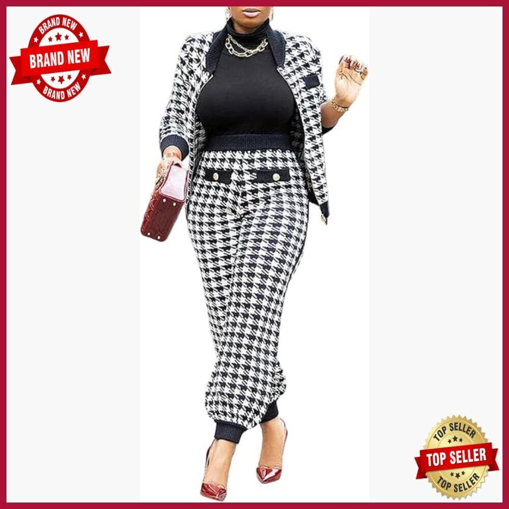 Wrinkle Resistant Houndstooth Blazer Pantsuit Slim Fit Business Casual Outfit